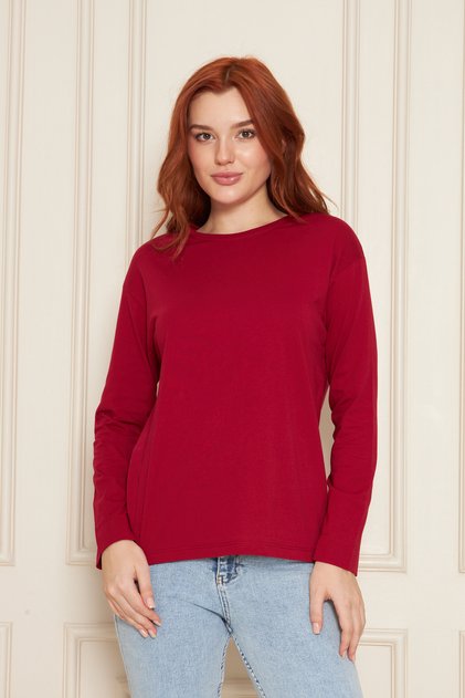 Bordo %100 Pamuk Yumuşak Dokulu Regular Kalıp Rahat Kesim Uzun Kol Bisiklet Yaka Penye T-Shirt
