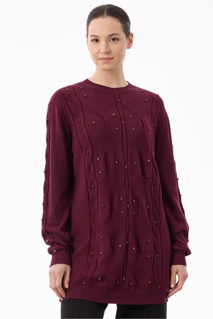 Knitted Detailed Stoned Knitwear Tunic Bordo