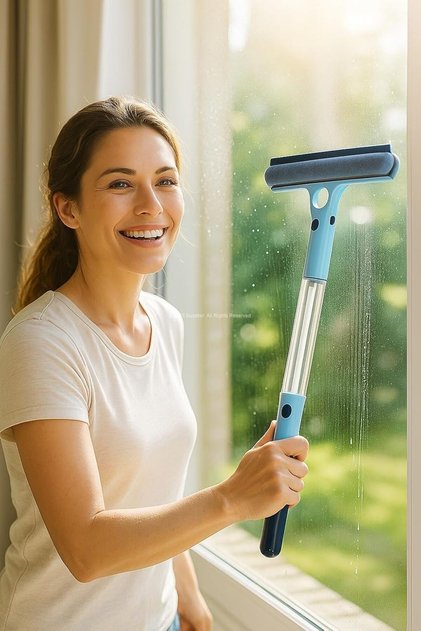 Glass Cleaner & Brush Attachment with Spray and Squeegee - Multifunctional Glass Cleaning Set