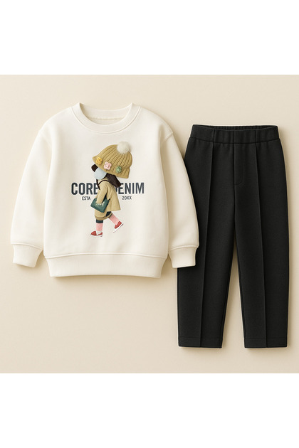Girl's 3D Beret Detailed Printed Sweatshirt Loose Sweatpants Bottom Top Set