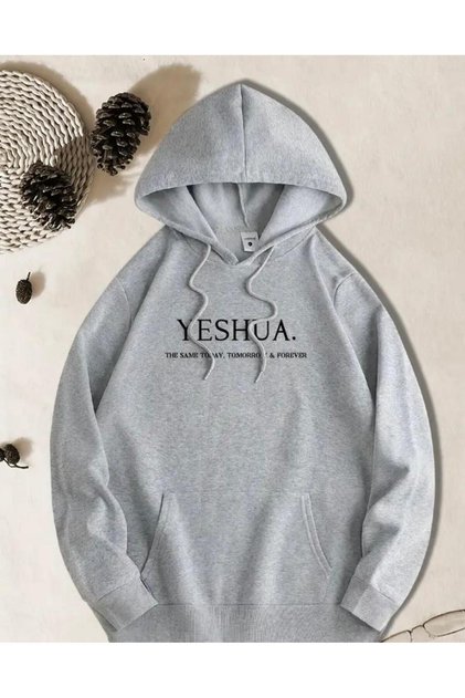 Yeshua Print Detailed Hooded Sweatshirt with Fleece Inside