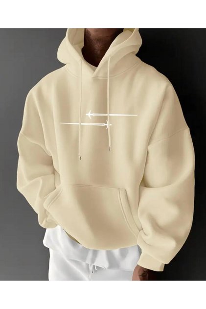 Airplane Print Detailed Hooded Sweatshirt with Fleece Inside