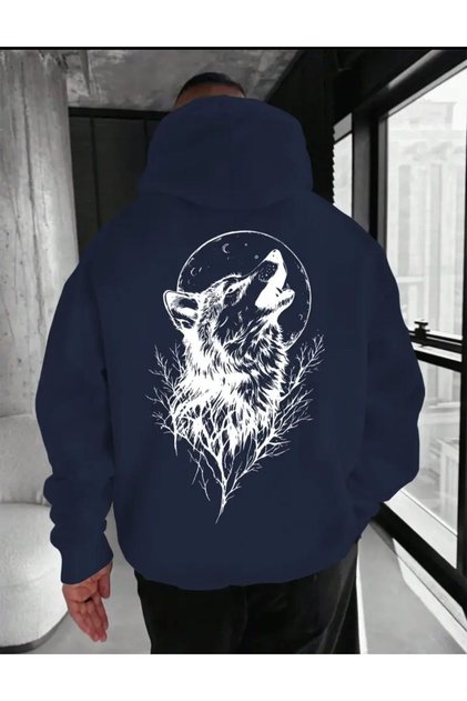 Back Wolf Print Detailed Fleece Lined Hooded Sweatshirt