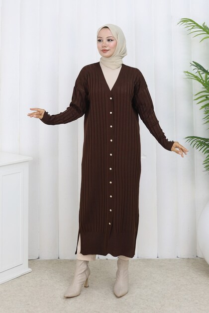 Patterned Long Mercerized Cardigan N3257 Brown