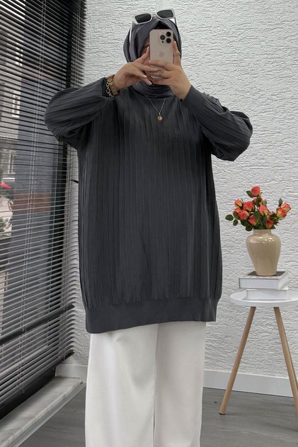 Ribbed Mercerized Oversize Women's Sweater - Smoked