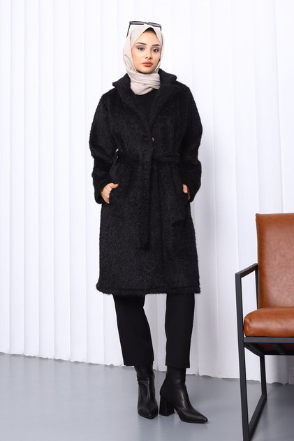 Black Buttoned Long Pocket Fur Coat