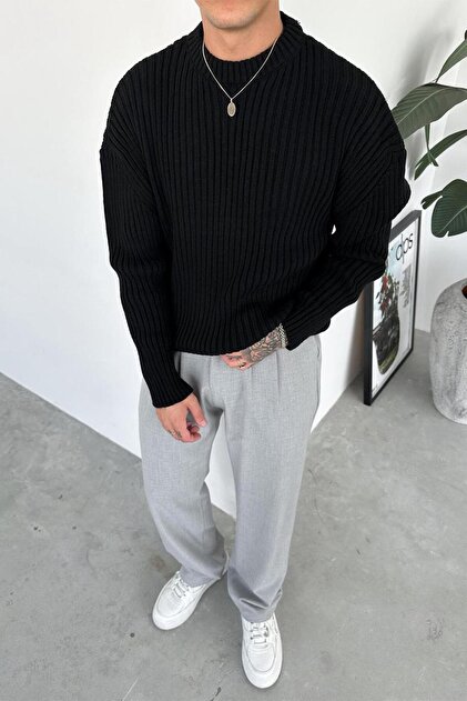 Black Crew Neck Ribbed Oversize Knit Sweater