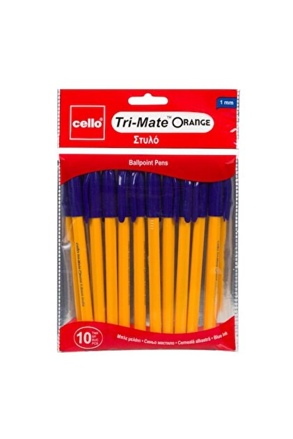 Set pixuri cu bilă Cello Tri‑Mate, 1,0 mm, cerneală albastră, corp galben, 10 buc.