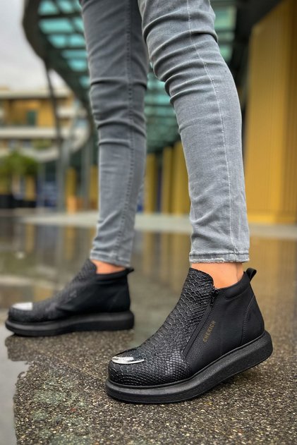 Ch133 Coccodrillo Men's Sports Casual Zippered Leather Boots Cst - Black
