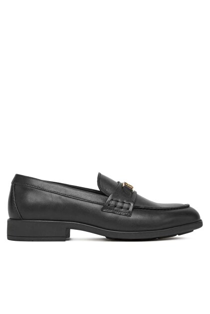 Women's Metal Buckle Loafer Shoes - Black