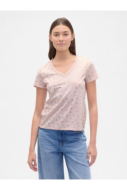 Kadın Açık Pembe V Yaka Grafik T-Shirt