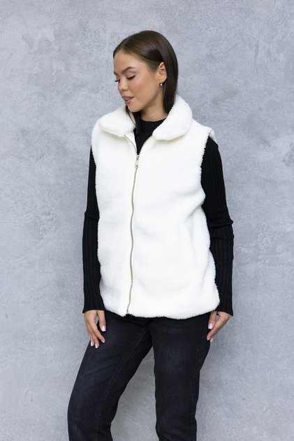 Women's Stand Collar Zippered Double Pocket Plush Vest White - 6807