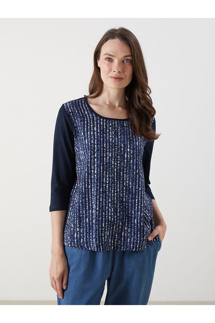 Two Mt Shop Quality Lcw Grace Navy Blue Combed Cotton Patterned Oval Neck Three Quarter Sleeve Women's Blouse