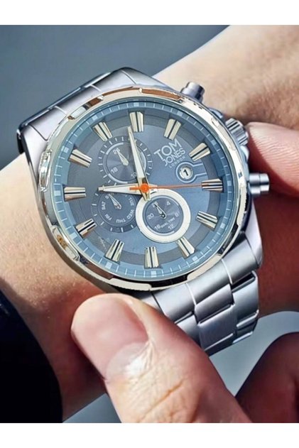 London Men's Wristwatch – Steel Strap – Gray Blue Dial – Calendar – 2 Years Warranty