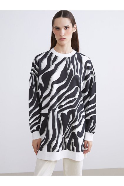TexX Store Kalitesi LCW Modest Siyah 2 İplik Desenli Loose & Bol Kadın Sweatshirt Tunik