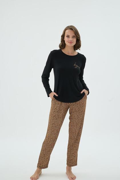 Women's Black Color Long Sleeve Stone Embroidered Patterned Bottom Pajama Set C9T0N371