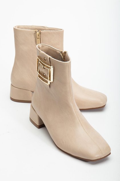 Beige Women's Short Heeled Boots Blunt Toe Metal Accessories Faux Leather