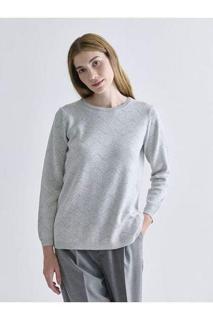 Gray Crew Neck Self Patterned Women's Knitwear Sweater