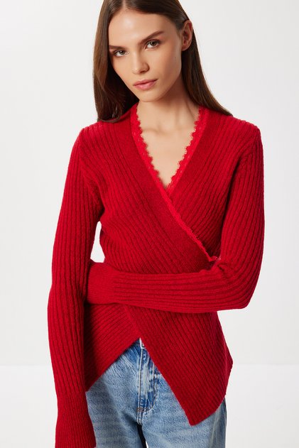 Lace Double Breasted Collar Knitwear Sweater Lrg0045 Red