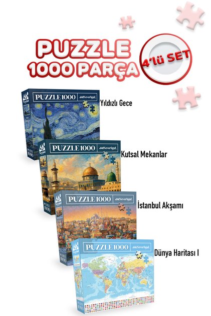 4 Pcs 1000 Piece Puzzle - Starry Night and Mukaddes Places and Istanbul Evening and World Map-I