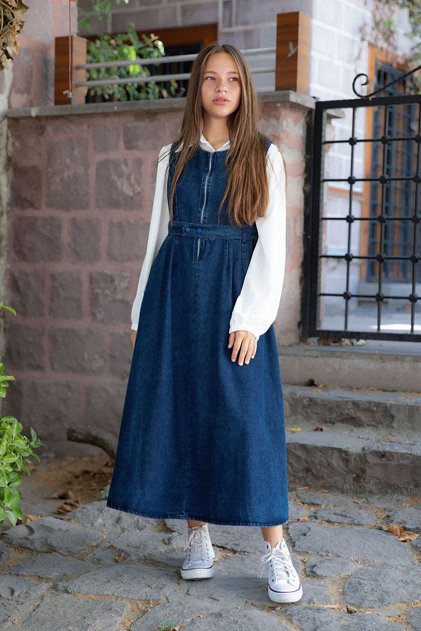 Blue Zippered Front Classic Shirt Girl's Belted Jean Dress 22737