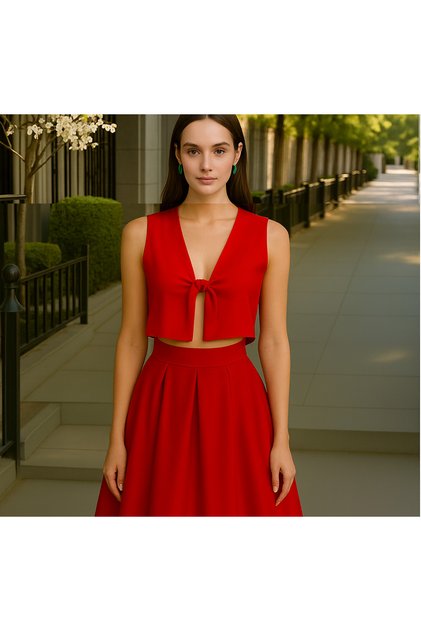 صدرية نسائية من الساتان بربطة أمامية باللون الأحمر