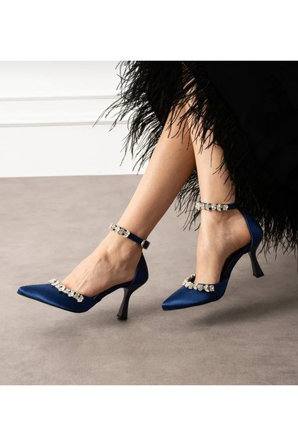 Navy Blue Satin Stone Detailed Heeled Evening Dress Shoes 9 cm Felisya >Boutique