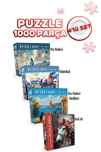 4 Pcs 1000 Piece Puzzle - Girl Tower and Istanbul and Girl Tower Cats and Umbrellas
