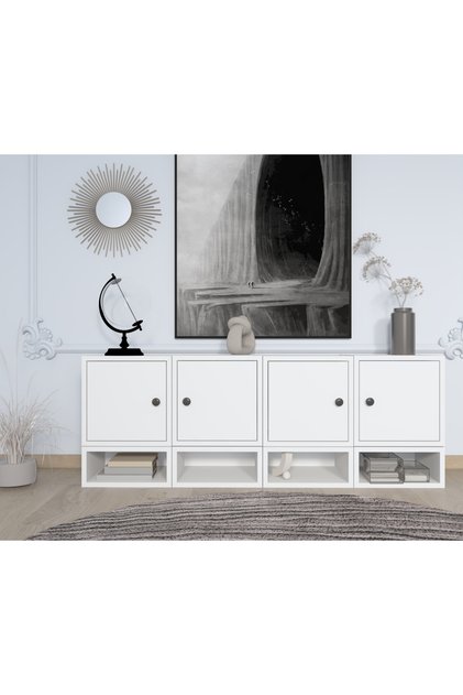 Konsol dört kapaklı alt organizer raflı ayaksız minimal mat beyaz-NRG-KNS-1015