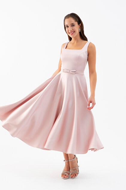 Lafaba Women's Powder Square Neck Belted Midi Promise Engagement Dress-  Trendyol