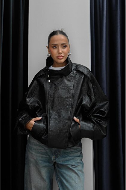 Havoş Black Stand Collar Faux Leather Jacket- Trendyol