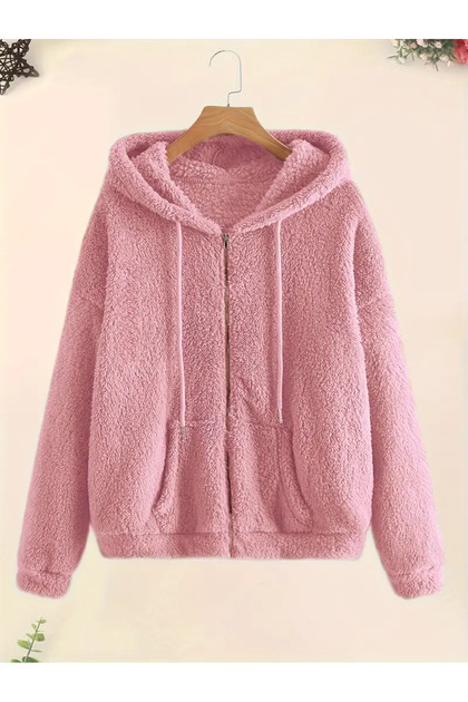 Tam Fermuarlı Ceket,Eğimli Cep Peluş Hoodie, Günlük Uzun Kollu Hoodies
