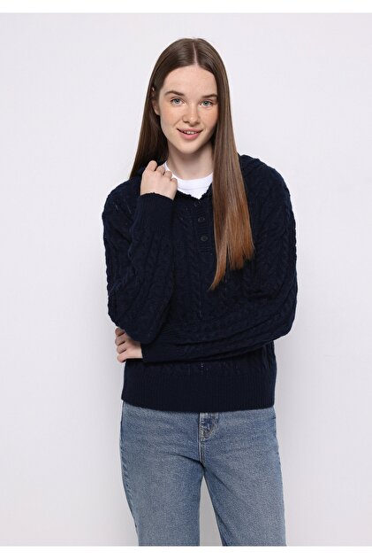 Regular Fit Hooded Plain Women's Navy Blue Sweater