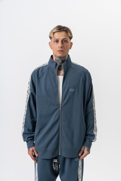 Men's Damask Stripe Detailed Stand Collar Doubleface Zip Oversize Sweatshirt Petrol