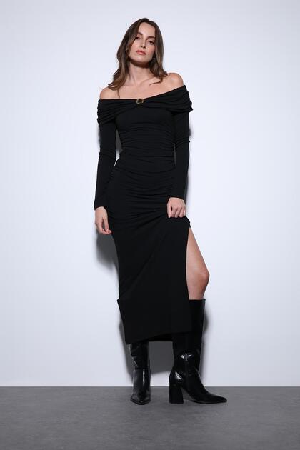 Black Drape Detailed Dress with Accessories