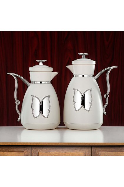 Almarjan Vacuum Flask Set Plastic Push Button 0.7 L + 1 L Ivory & Silver