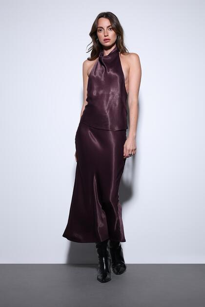 Antioch Burgundy Satin Halter Women's Top- Trendyol