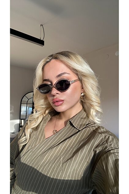 TomyHelf Şeffaf Çerçeveli Oval Koyu Lens Siyah Camlı Güneş Gözlüğü