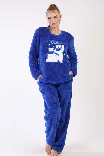 Women's Indigo Color Long Sleeve Wellsoft Fabric Crew Neck Straight Leg Pajama Set C7T2N2503