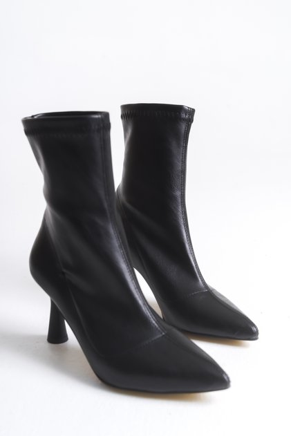 Kadın Siyah Cilt Stiletto Topuklu Streç Bot