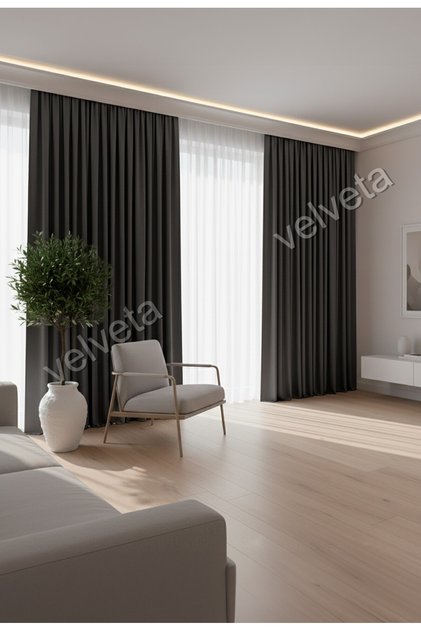 Modern Series Düz Pile Kadife Dokulu Fon Perde Antrasit