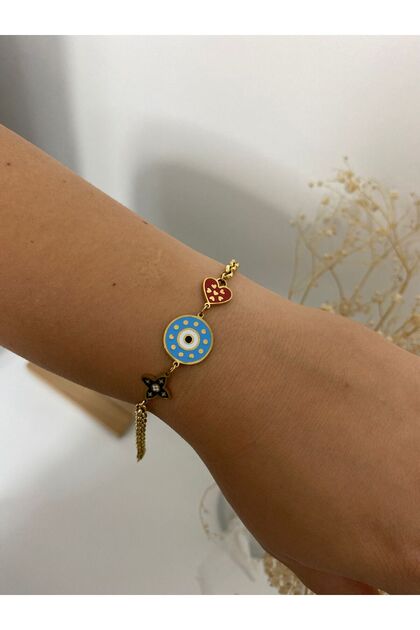 Clover Detailed Nazar Steel Bracelet