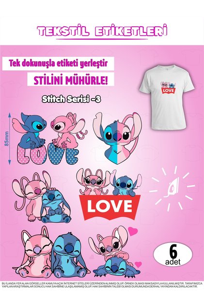 Ütü ile Yapışan Kıyafet Etiketi Stitch Serisi -3 6Lı Set