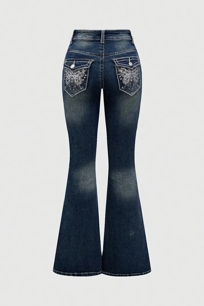 Navy Blue Butterfly Pocket Detailed Spanish Leg Y2K Pants