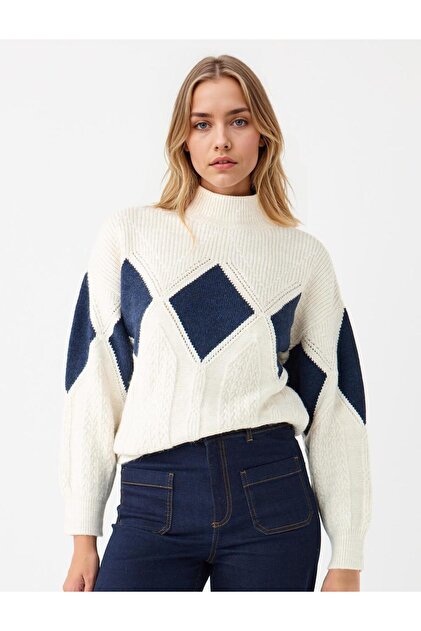 Jimmy Key Ekru Balıkçı Yaka Uzun Kollu Desenli Triko Kazak