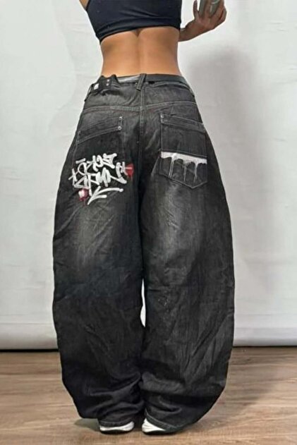 パンツ vintage D&G y2k design denim Karakedi Baggy Siyah Yıkamalı Cep Grafitty Nakış Detay Y2k Denim