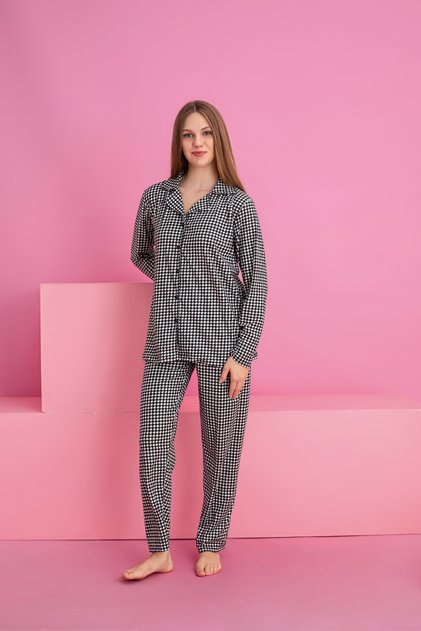 Women's Checkered Patterned Suede Knitted Long Sleeve Women's Buttoned Pajama Set
