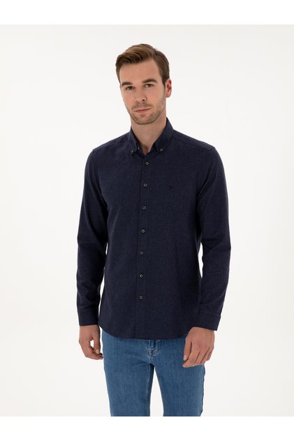 Lacivert Slim Fit Pamuk Karışımlı Yakası Düğmeli Flanel Gömlek 50318243-VR033