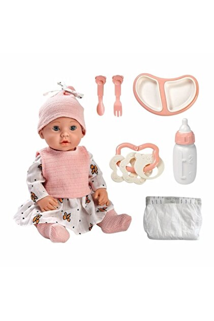 Papusa bebelus LUCKYBABY 40 cm cu 6 accesorii, scutec, biberon, zornaitoare, tacamuri, farfurie