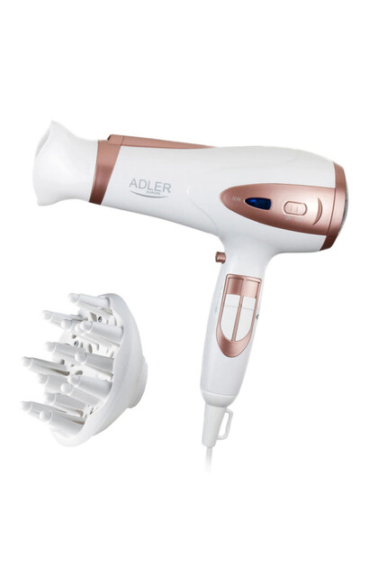 Uscător de păr AD 2248, 2200W, 2 viteze, 3 temperaturi, Ionic, Jet de apă rece, Difuzor și concentrator, Alb/bronz